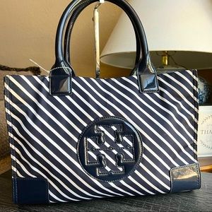 Tory Burch Ella Navy & White Stripes Nylon Patent Leather Small Tote!